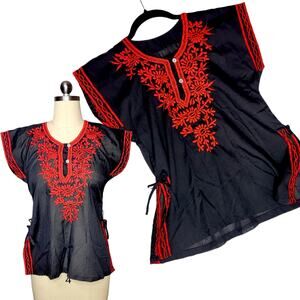 Vintage Mexican Blouse S Black Red Floral Embroidered Boho Festival Peasant Top